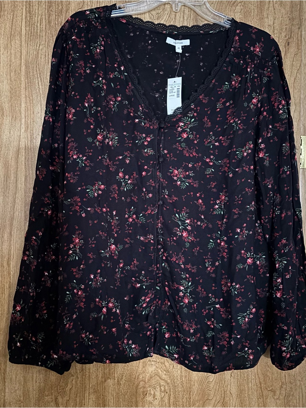 Maurices Black Floral Lace-Trim Blouse